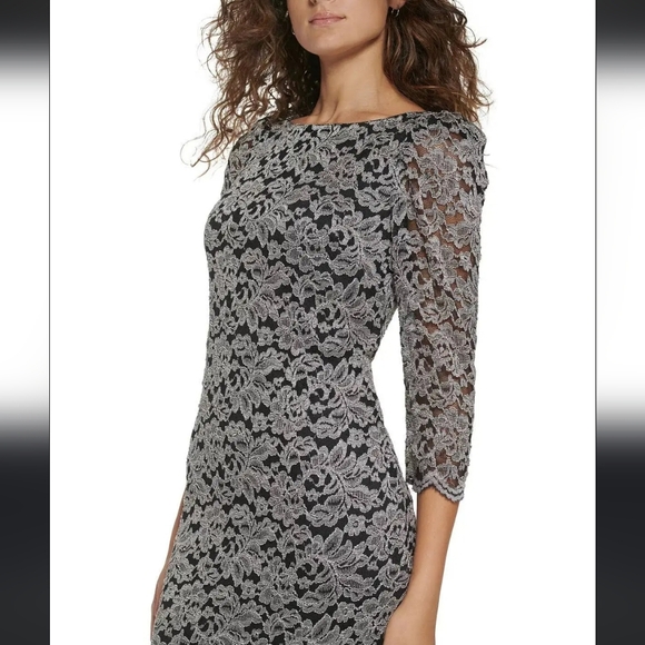 Jessica Howard Dresses & Skirts - Jessica Howard Blackand Silver Lace Shift Dress‎ 3/4 Sheer Sleeve Sz 4P